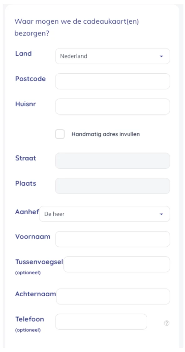 Voorbeeld mobiele formulier van cadeauwinkel in Nederland
